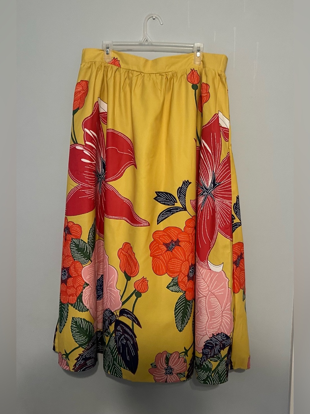 SHEIN Yellow A-Line Midi Skirt with Red & Pink Floral Print 2x